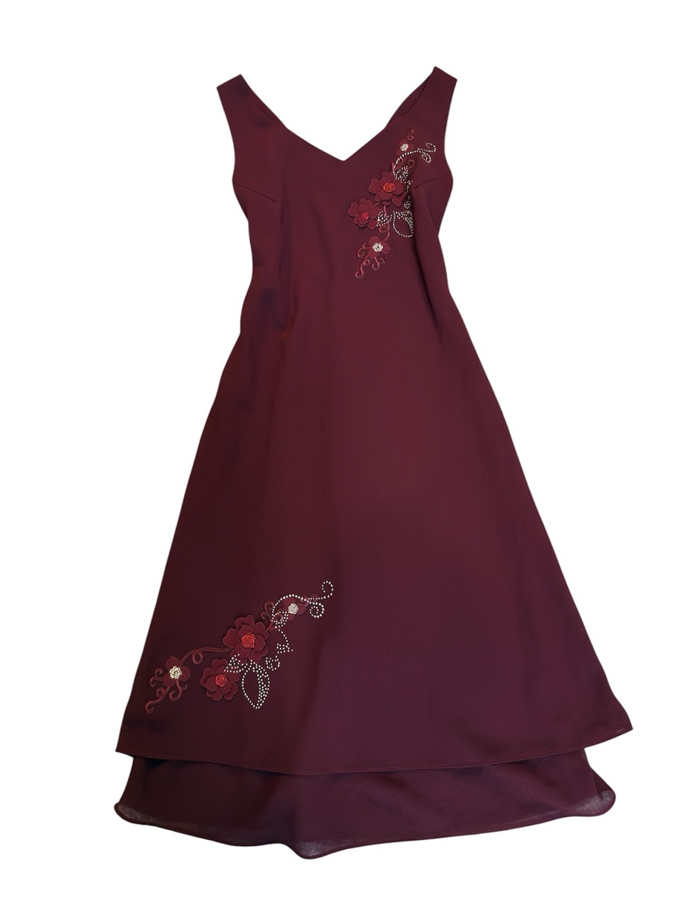 Women’s V-Neck Burgundy Floral Embellished Dress